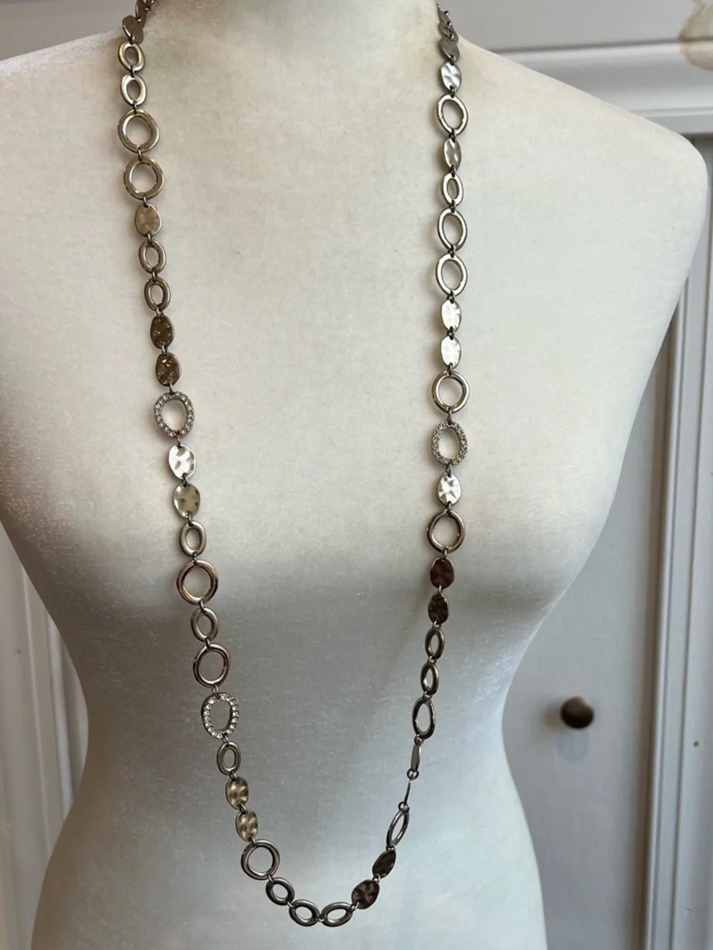 Light Gold-Tone Hammered Link Long Necklace with Pavé Accent Can be Doubled